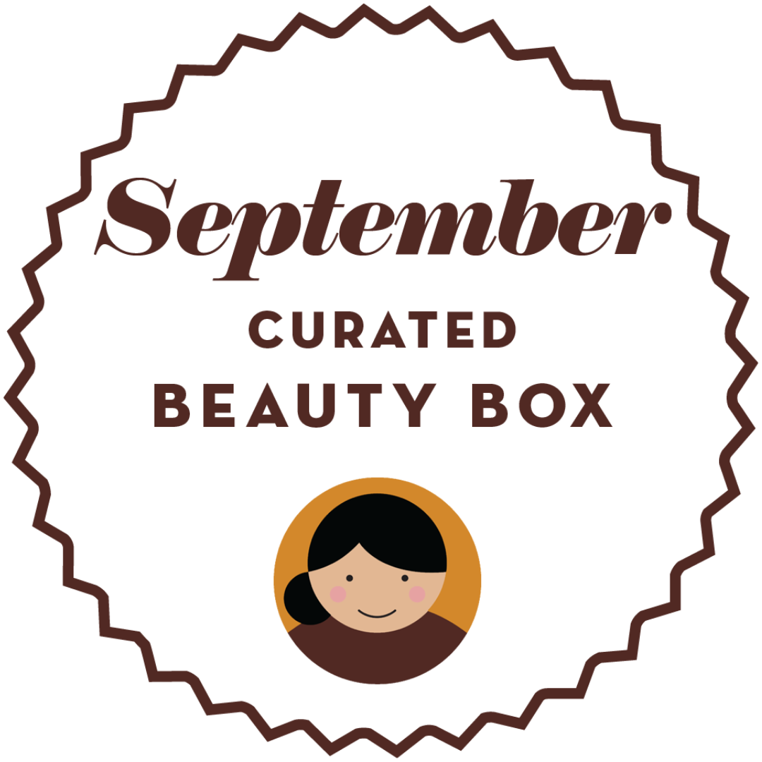 September Curated Beauty Box badge with a circular design and an illustration of a smiling woman.