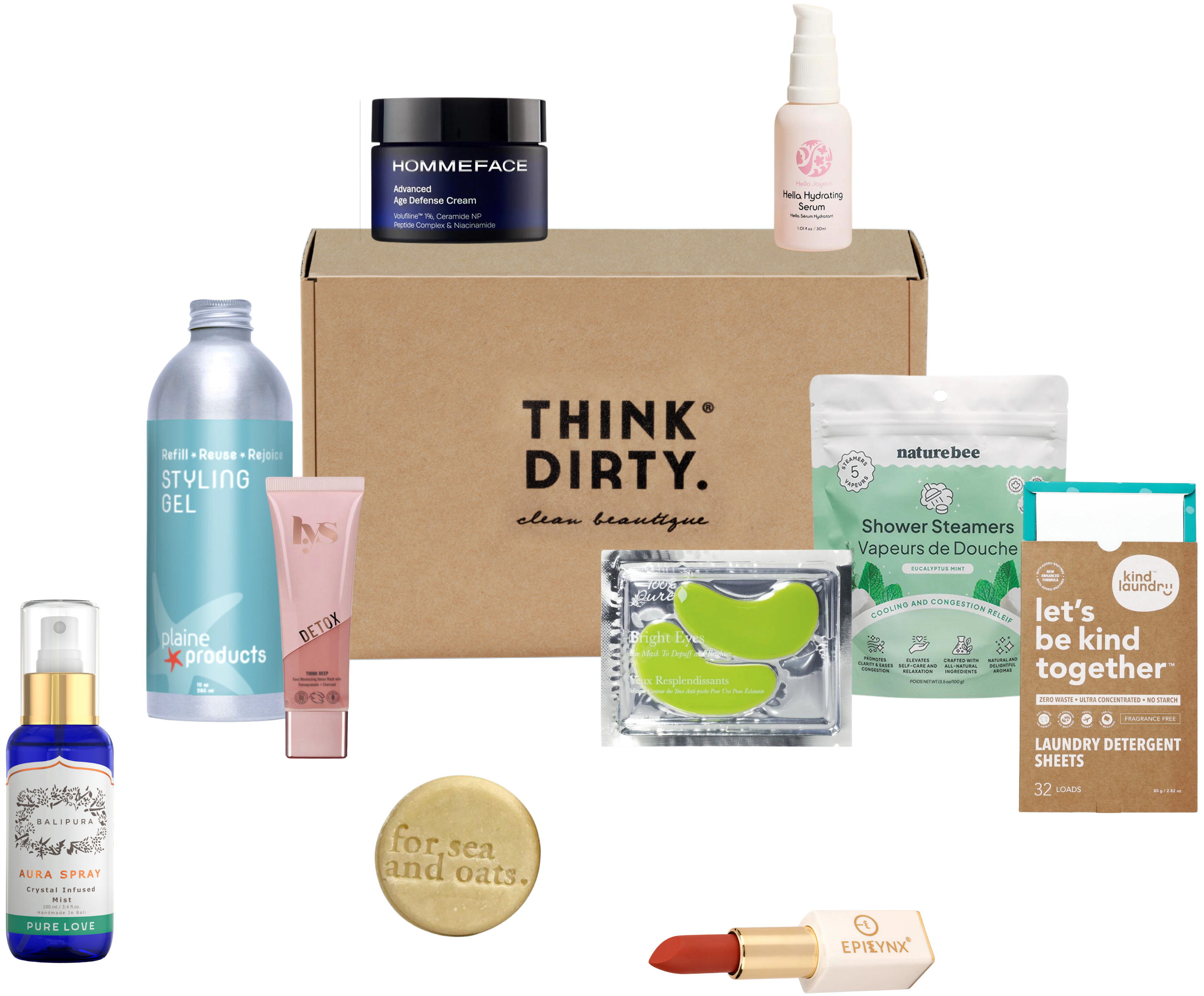 Think Dirty Monthly Box with clean beauty and eco-friendly products including styling gel, hydrating serum, eye gels, bar soap, lipstick, laundry detergent sheets, and shower steamers.