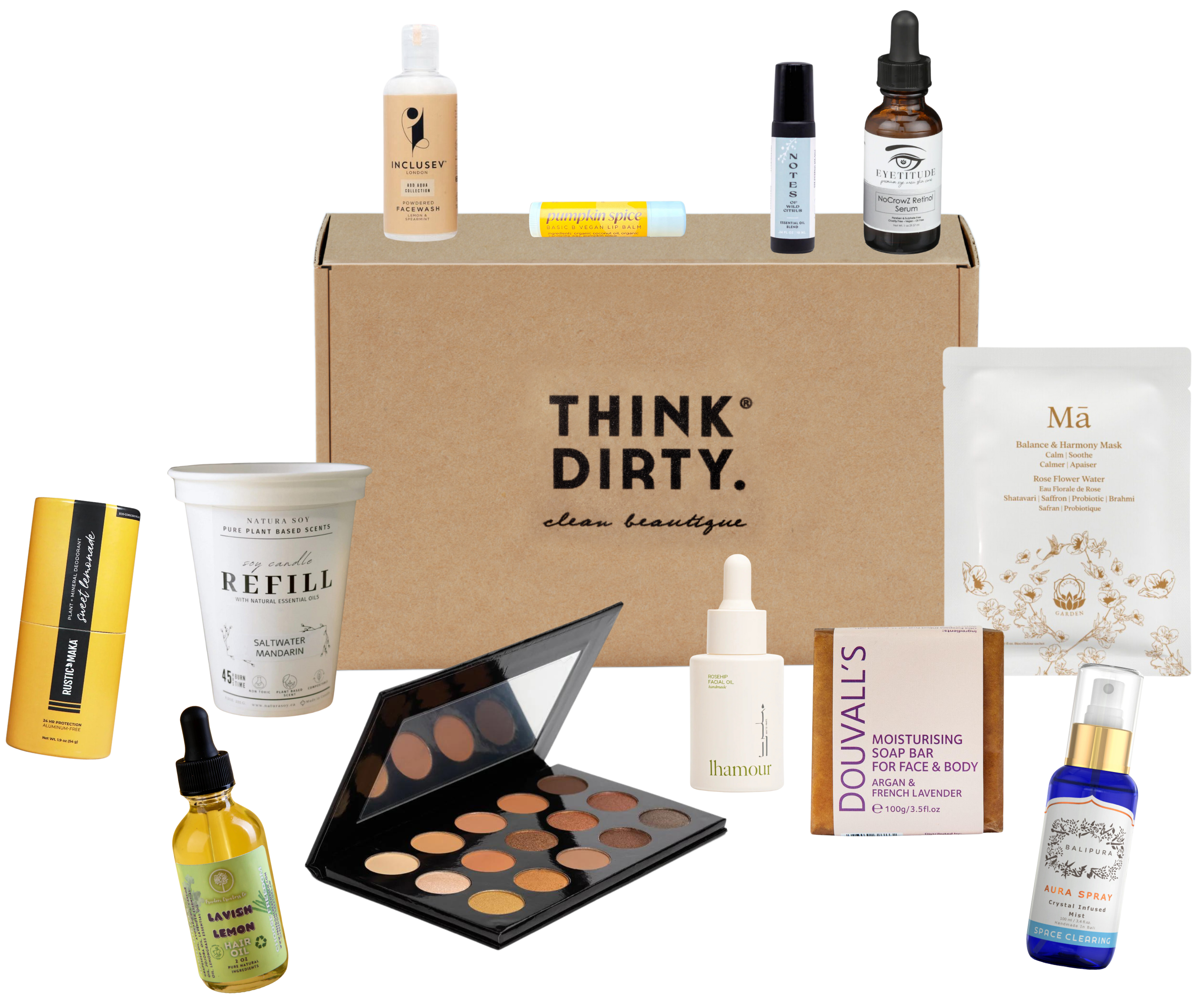 October 2024 Think Dirty Clean Beauty Box featuring non-toxic skincare and wellness products, including serums, soap bars, eye shadow palettes, and natural candles. Each item is selected for safe, eco-friendly beauty routines.