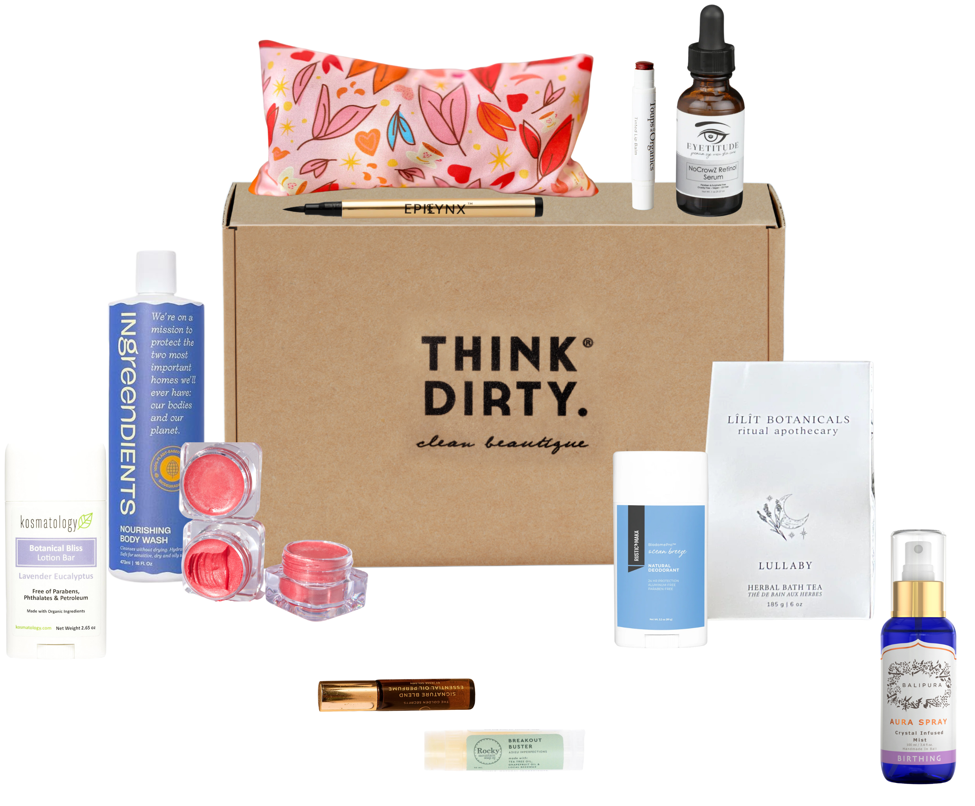 A selection of non-toxic beauty and wellness products displayed with a Think Dirty Clean Beauty Box, including body wash, lotion bars, lip balms, facial serums, and herbal tea packets.