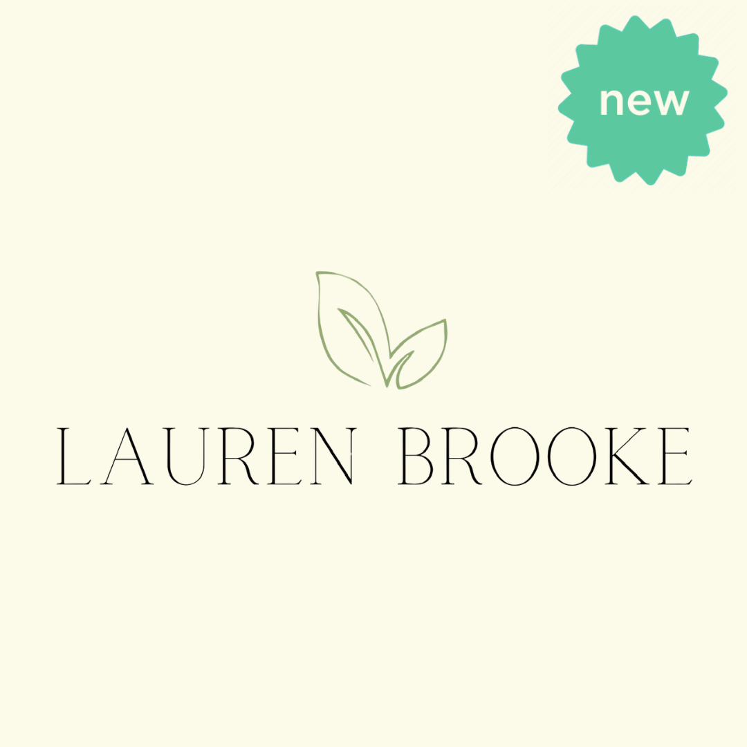 Lauren Brooke logo with green leaf design and 'new' badge in teal on a light beige background.