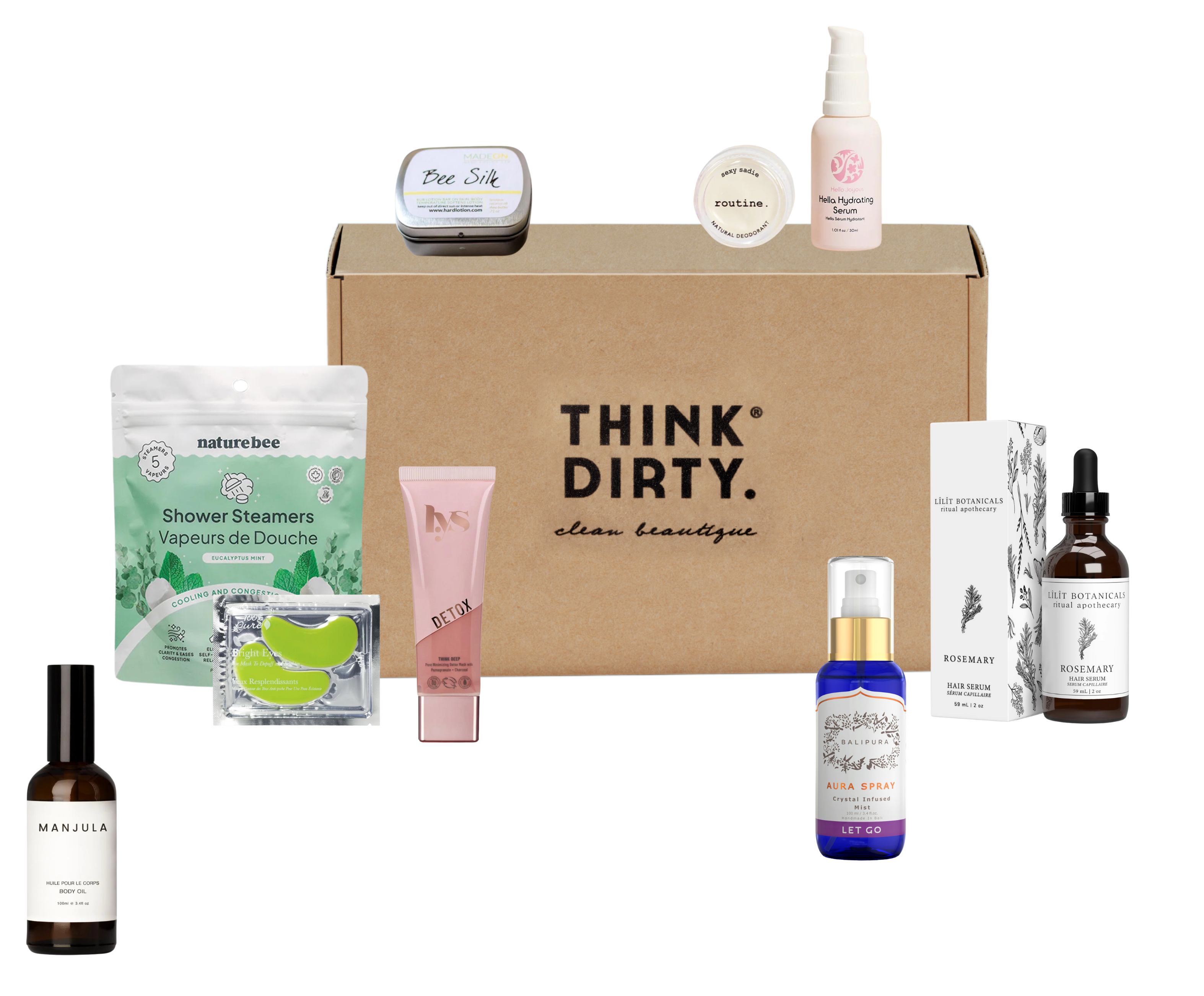 Think Dirty Clean Beauty Box featuring non-toxic, eco-friendly beauty and skincare products surrounded by a stylish display.