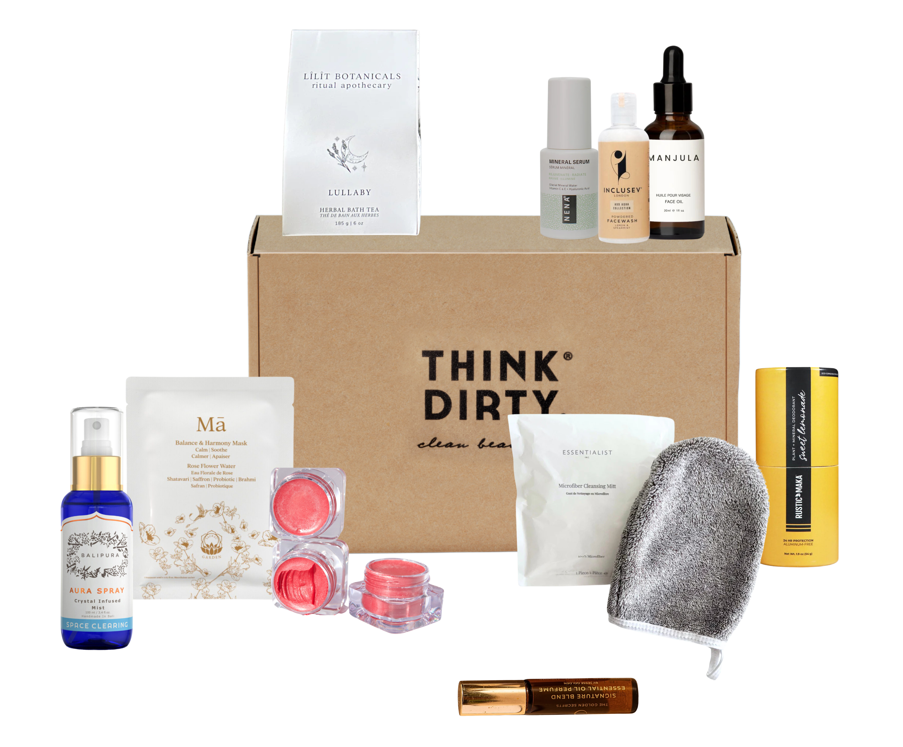 Think Dirty Clean Beauty Box featuring non-toxic, eco-friendly beauty and skincare products surrounded by a stylish display.