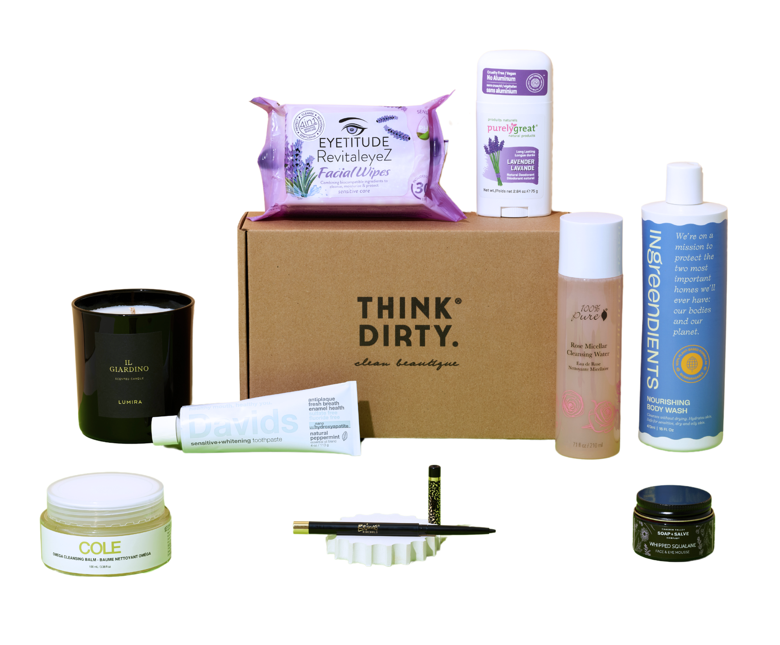 Think Dirty Clean Beauty Box featuring non-toxic, eco-friendly beauty and skincare products surrounded by a stylish display.